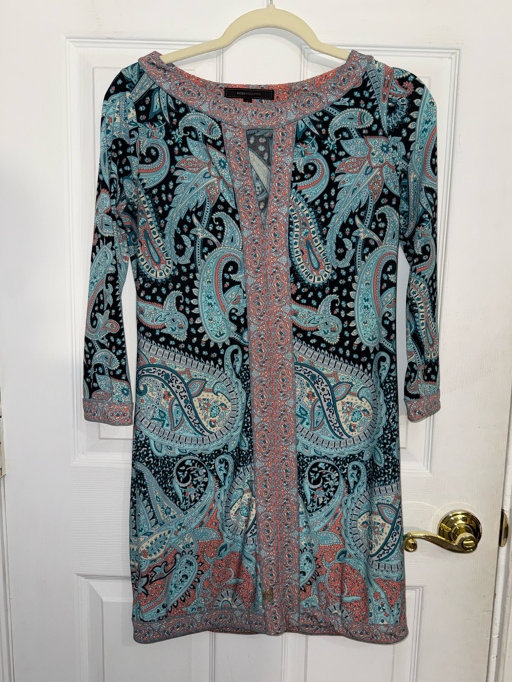 BCBGMaxAzria Avila Long-Sleeve Shift Dress Teal, Coral and Black Paisley XS